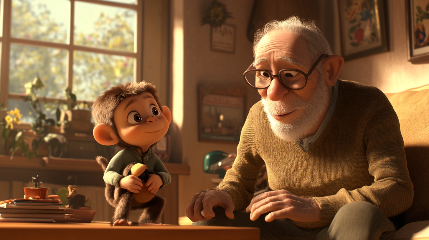 Boy, monkey, and grandpa bond in cozy living room.