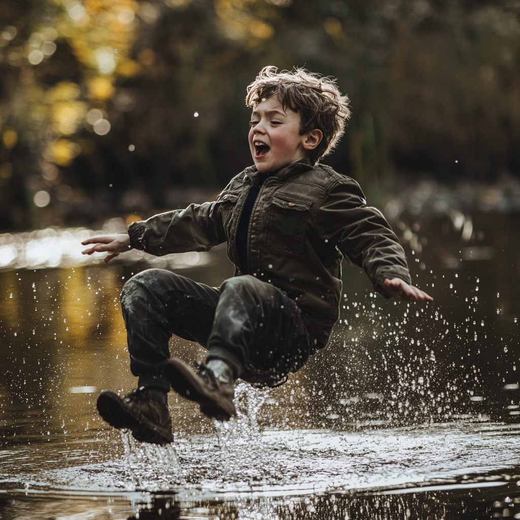 Boy Falling Into Pond, Scared Expression, Cinematic Capture 