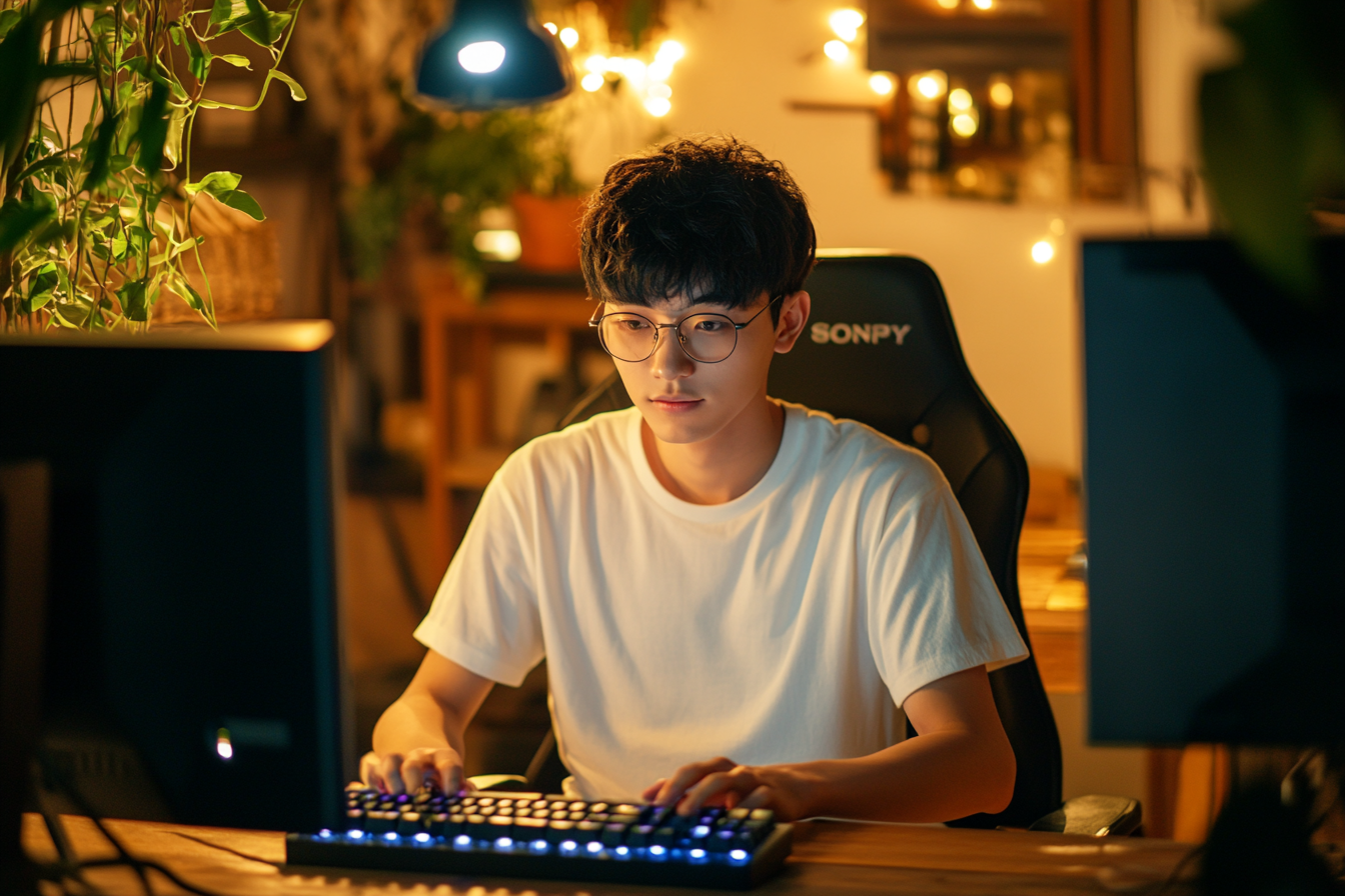 Boy Playing Computer Games in Cozy Room