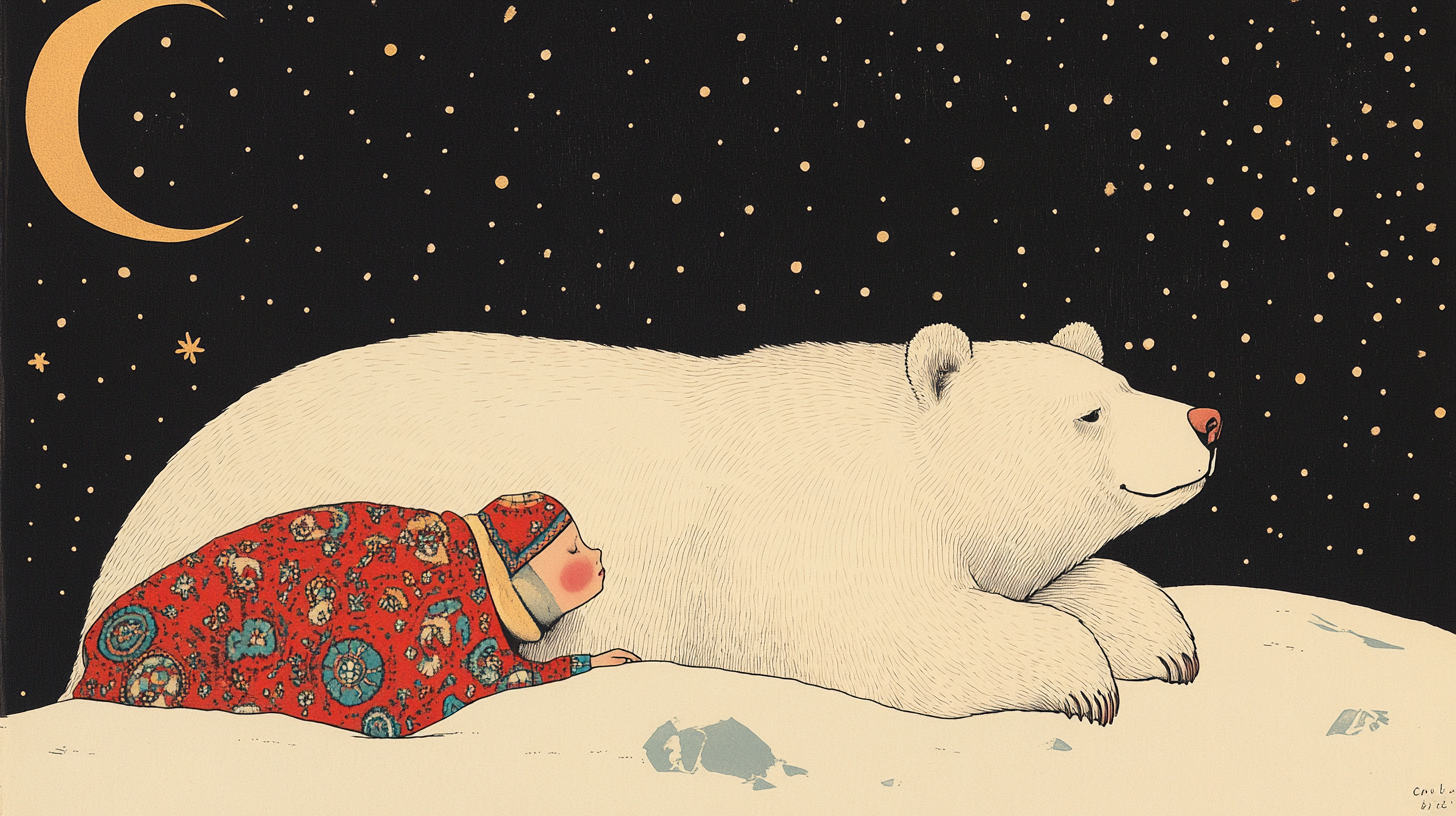 Boy and Bear Slavic Folk Art Illustration Night Sky