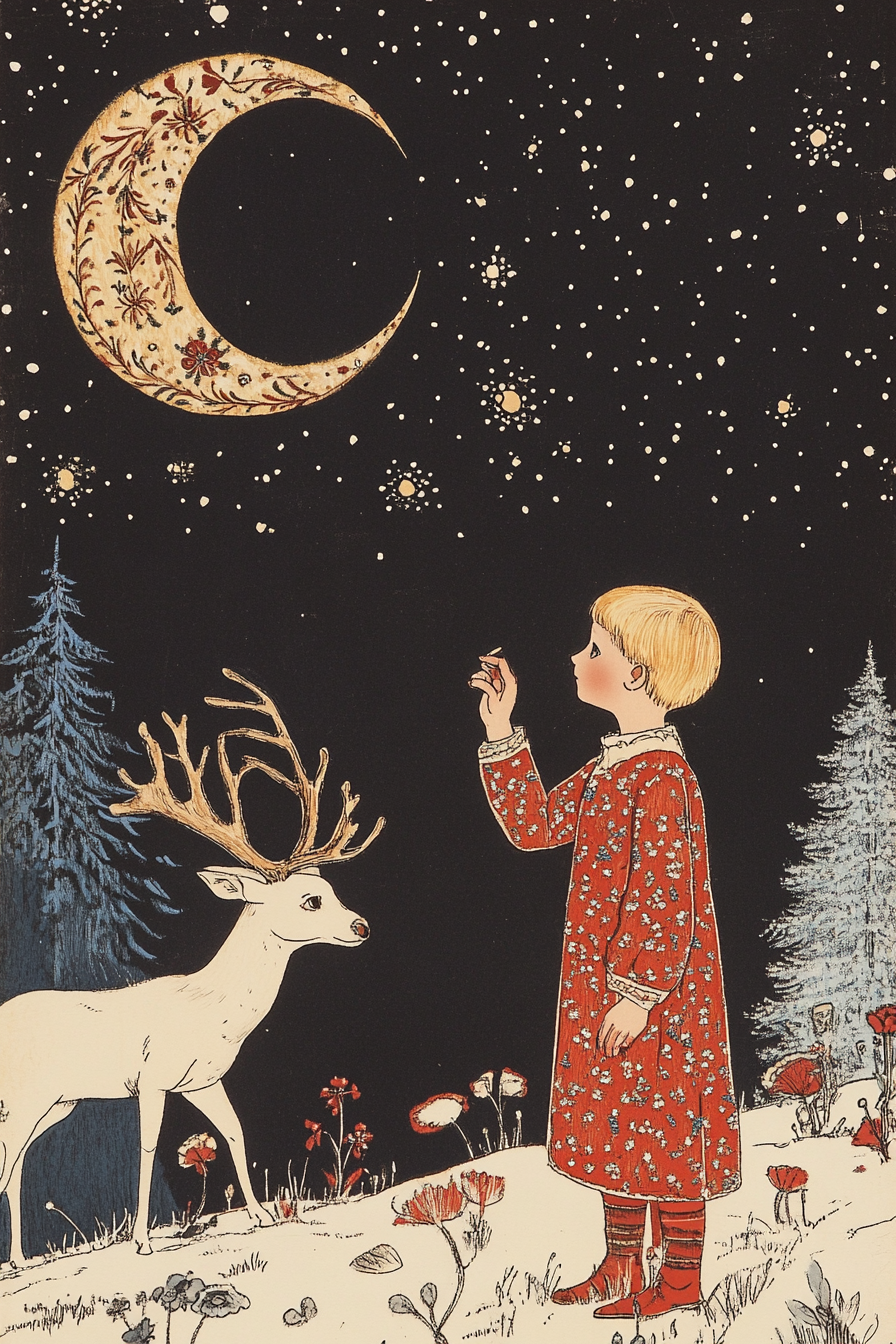 Boy and Deer Night Sky Slavic Folk Art