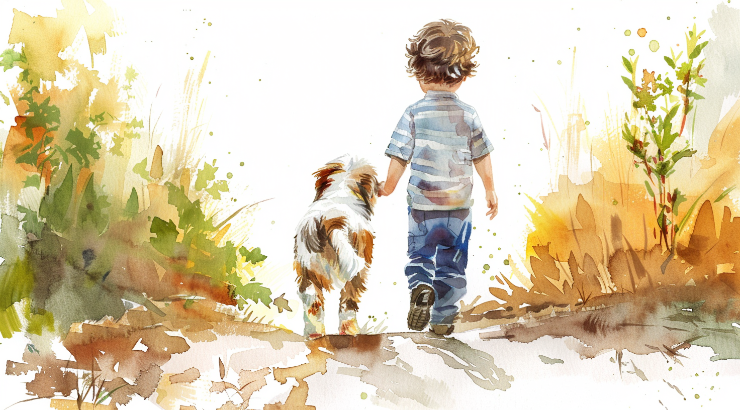 Boy and Puppy Walking on Path in Watercolor