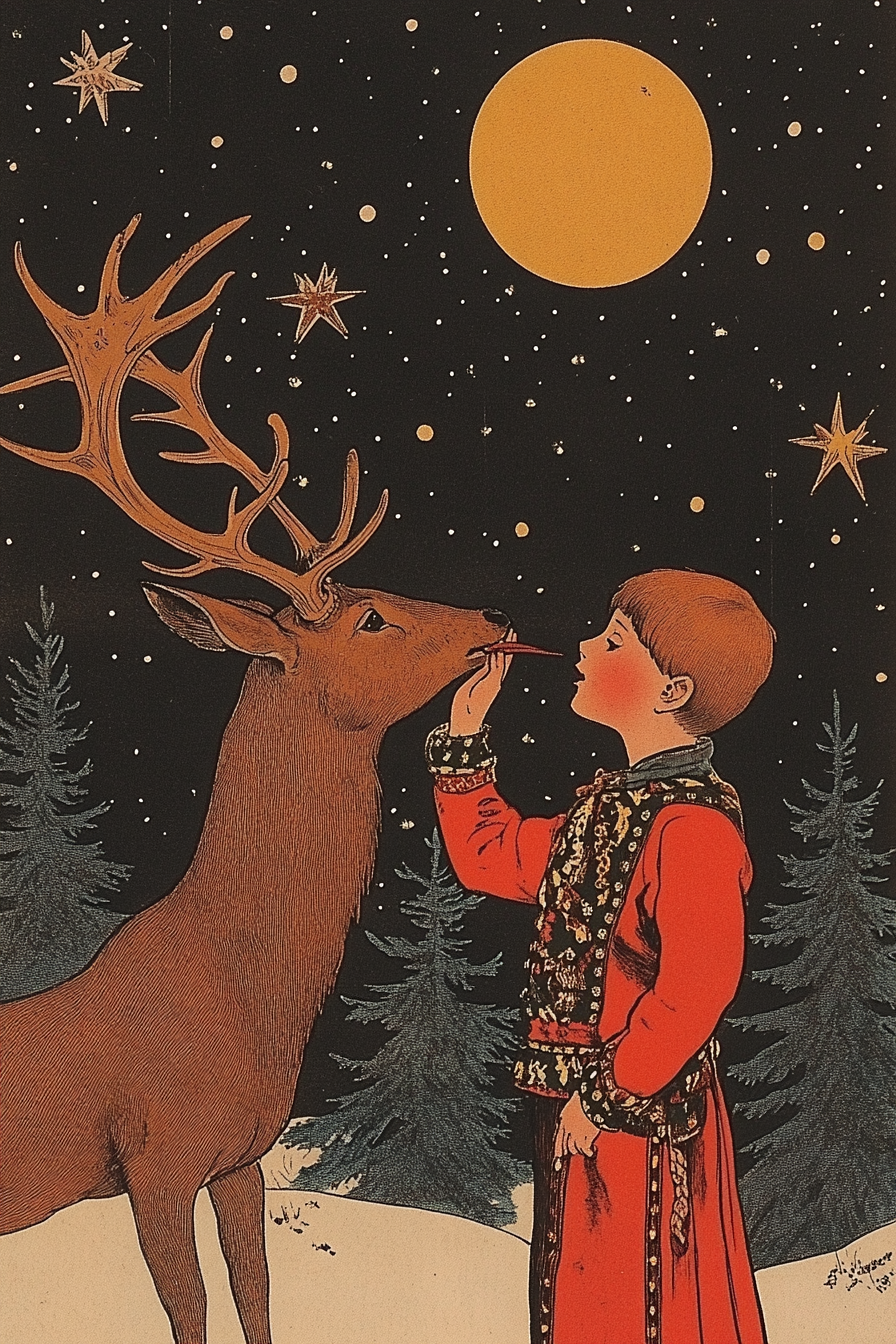 Boy and deer in Slavic folk art style