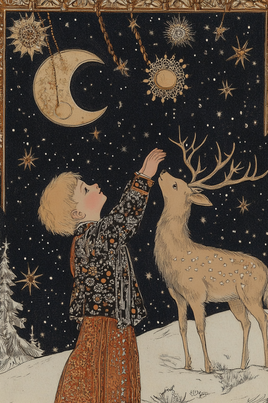 Boy and deer on night sky background, Slavic folk art