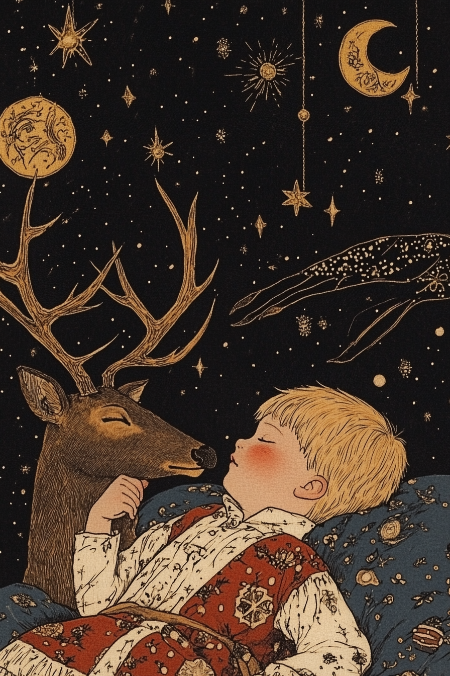 Boy and deer sleep under starry sky