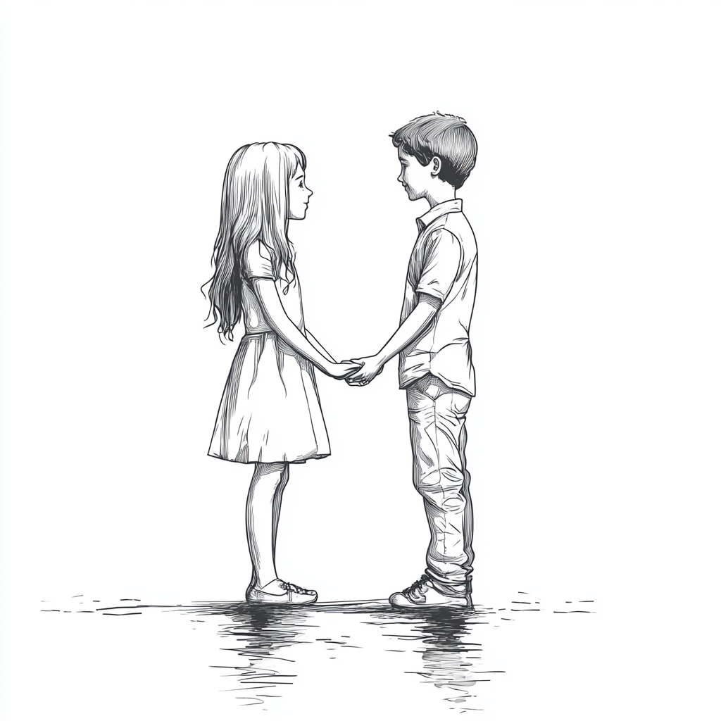 Boy and girl holding hands in simple outlined drawing.