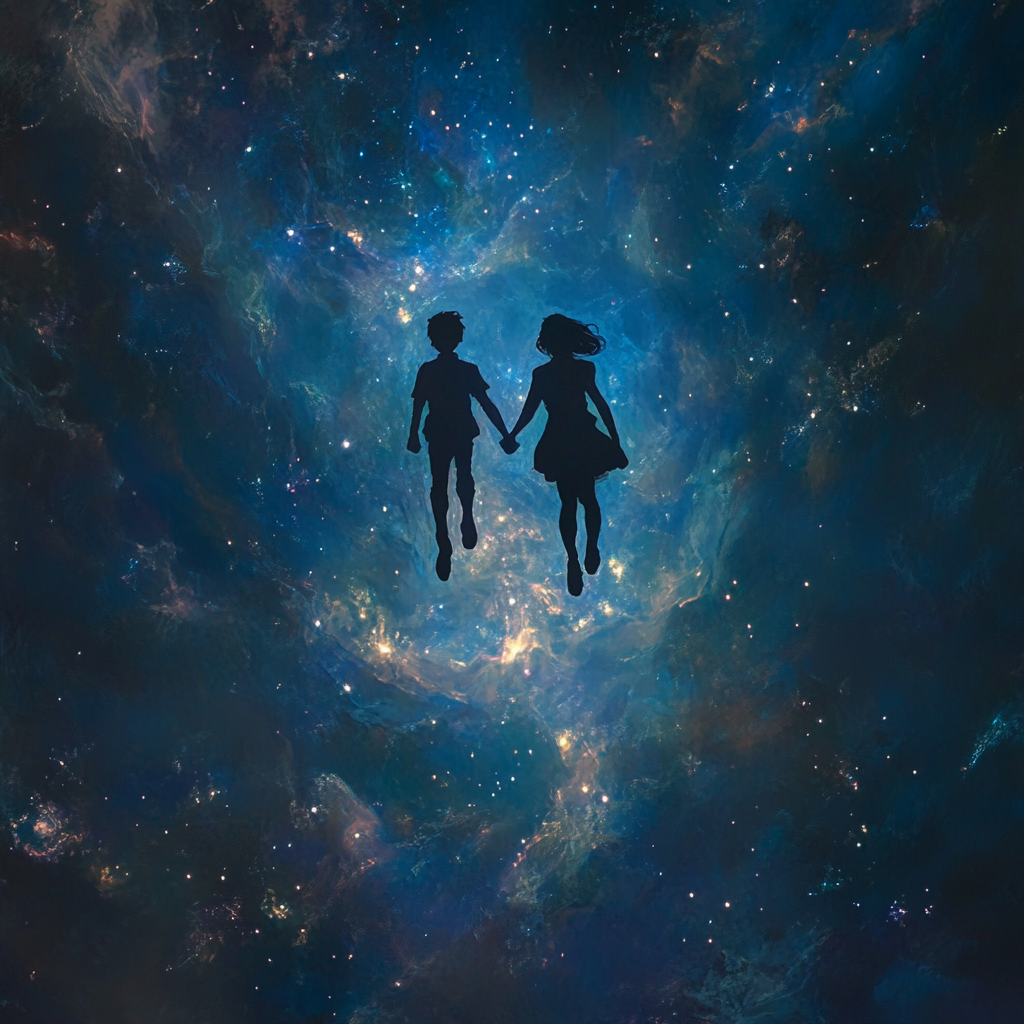 Boy and girl in space with cosmic fireflies