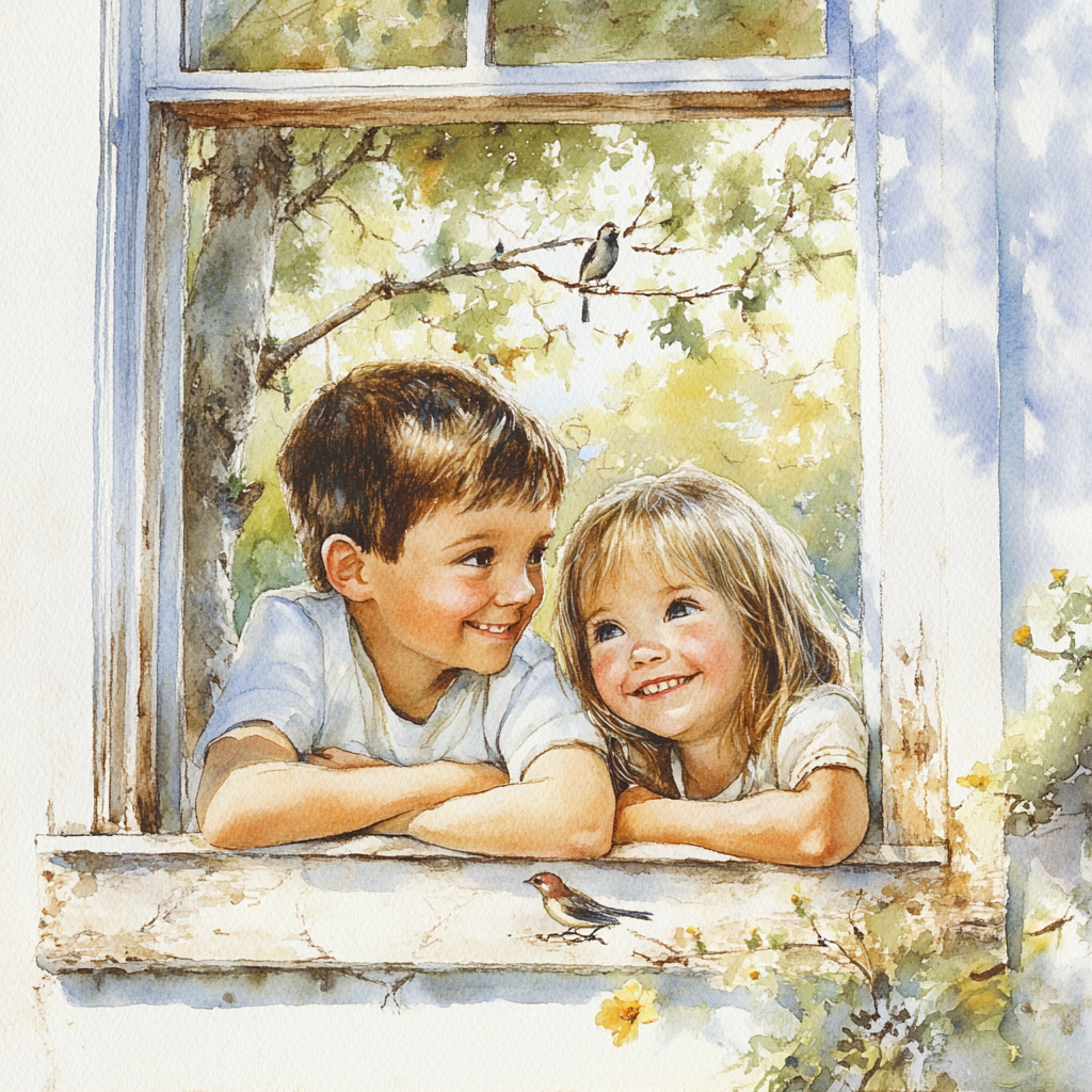 Boy and girl smiling by window, trees, birds outside.