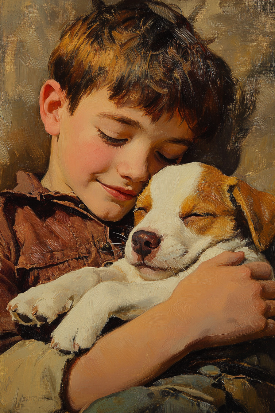 Boy and puppy showing special bond in illustration.