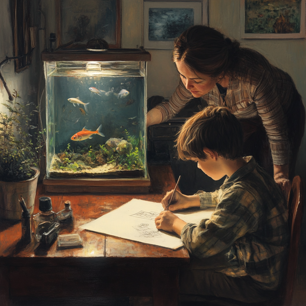 Boy drawing on desk as mother watches fish tank.