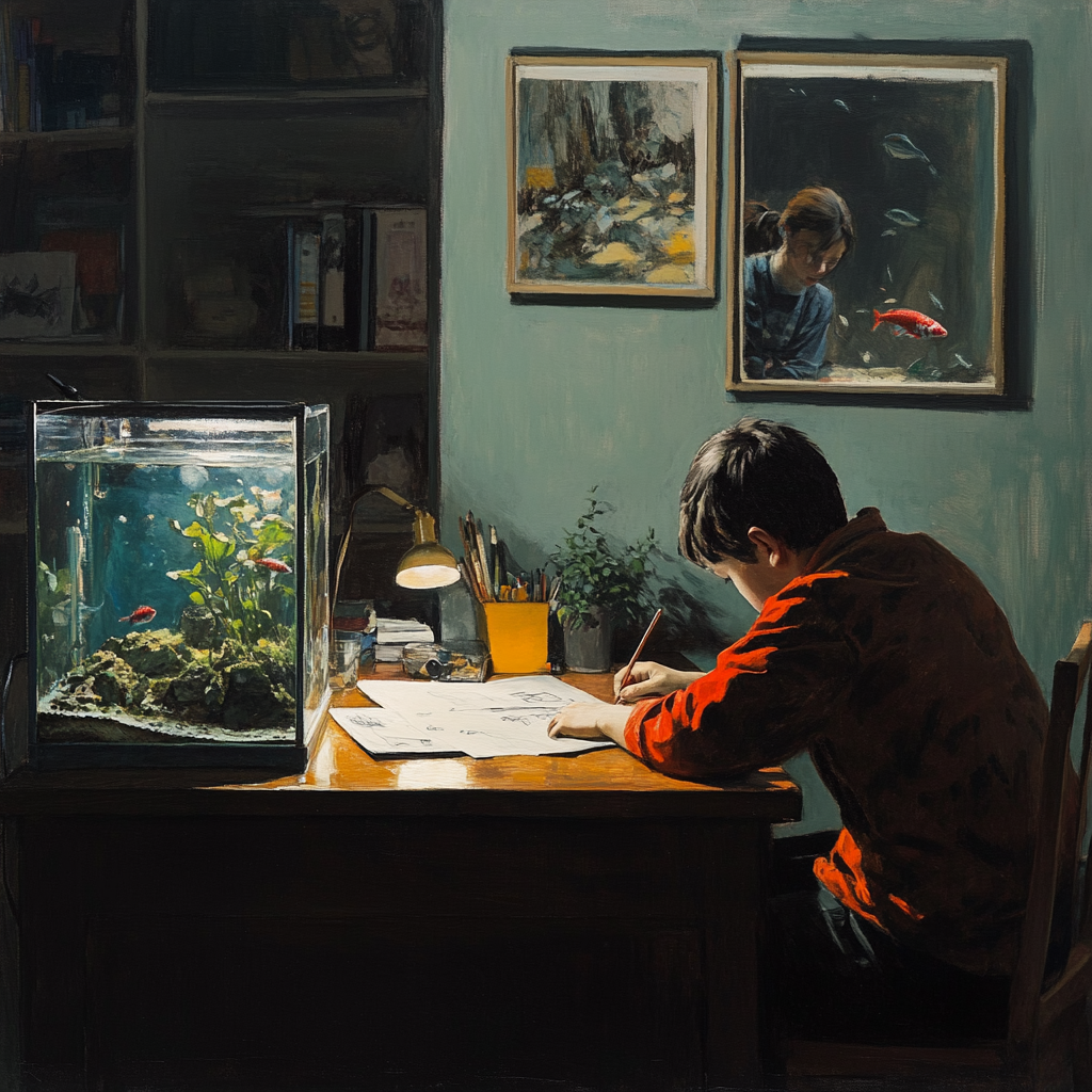 Boy drawing pictures, mother setting up fish tank.