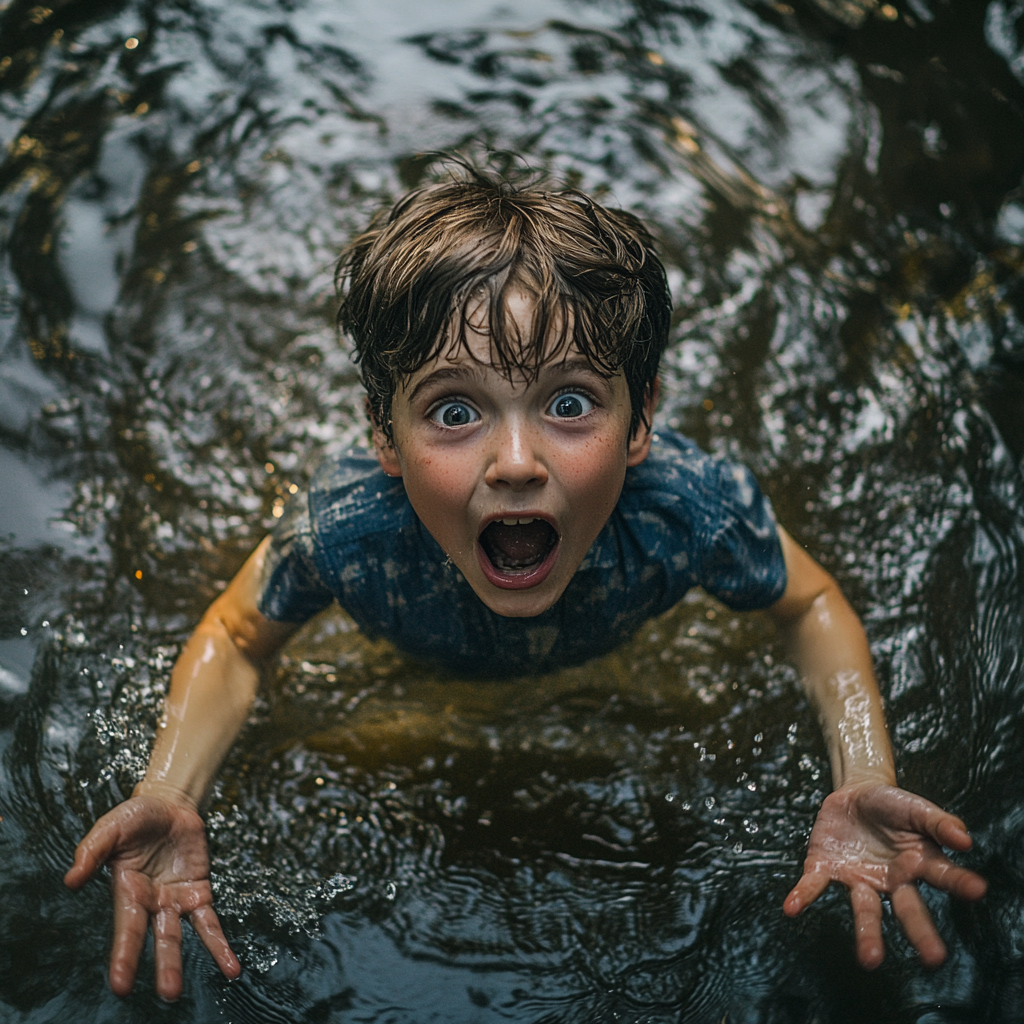 Boy falling in pond, expressive cinematic detail, Sony a7R4, 16mm lens