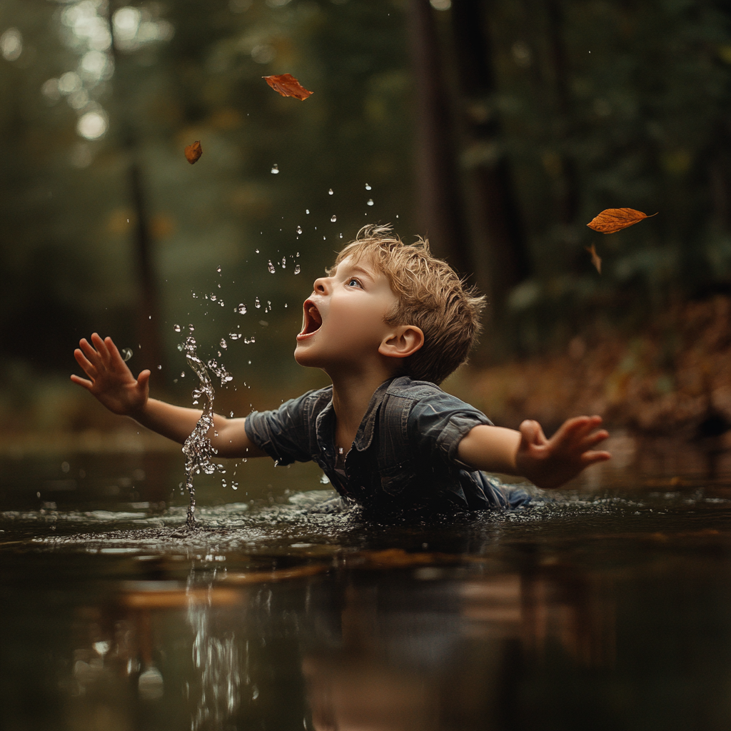 Boy falling into pond, screaming expression, cinematic, ultra-wide.