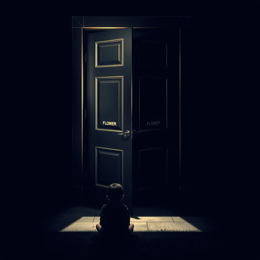 Boy holding flower by door 