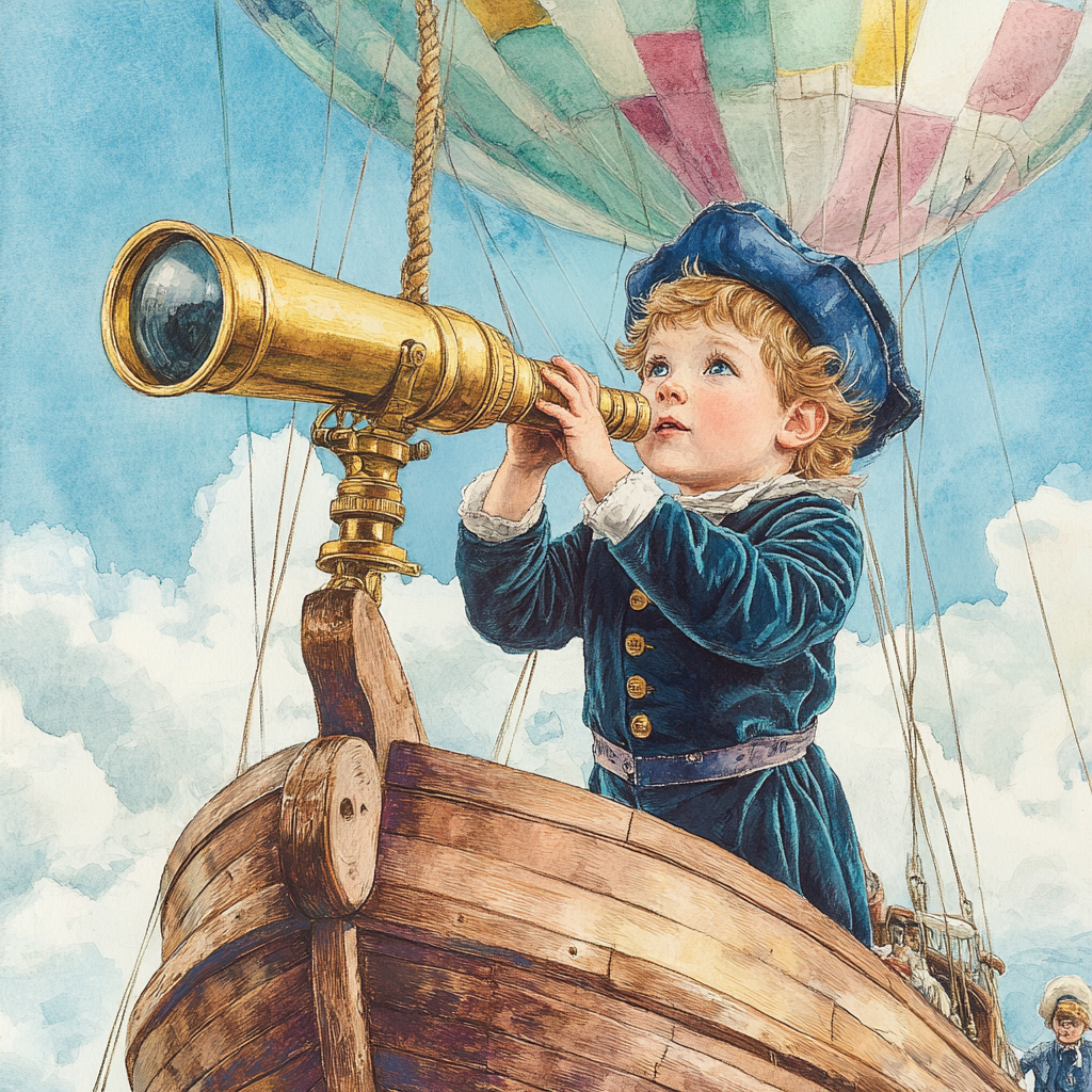 Boy in blue outfit looking through telescope on airship.