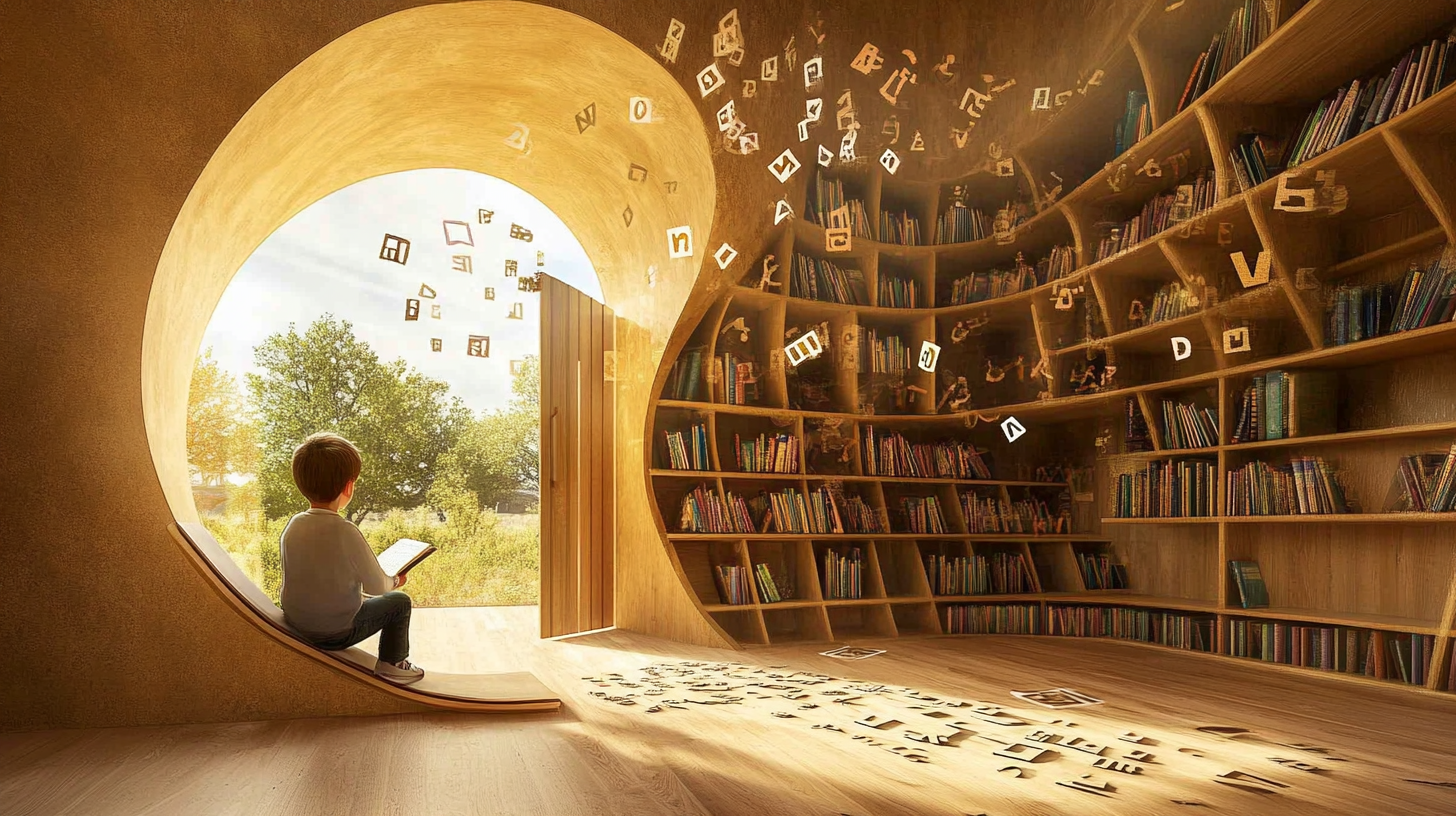 Boy in educational setting absorbing world's knowledge in books.