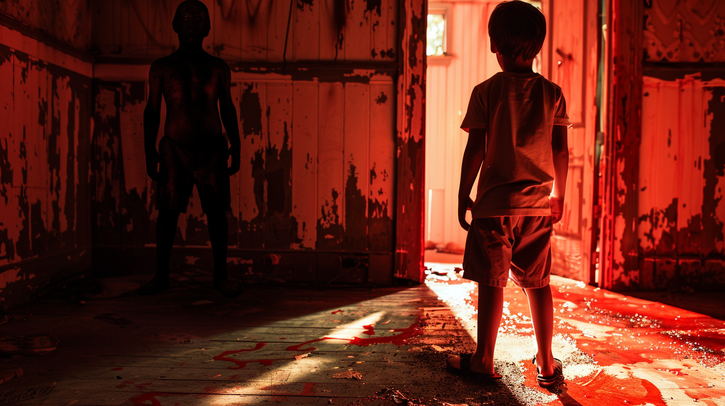 Boy in front of spooky scene with shadow figure