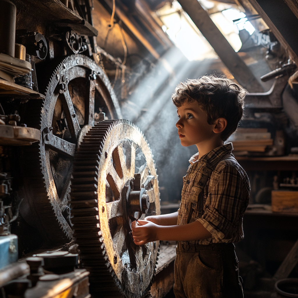 Boy in old attic with antique machinery, books.