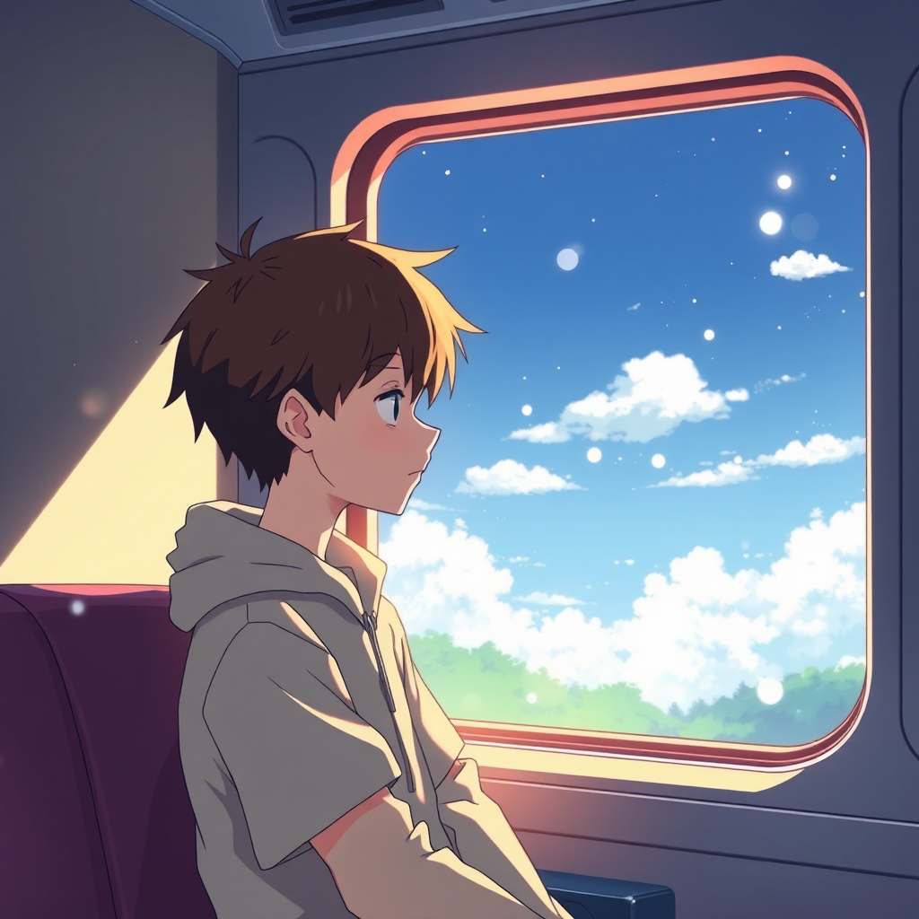 Boy in train, staring out window in anime.