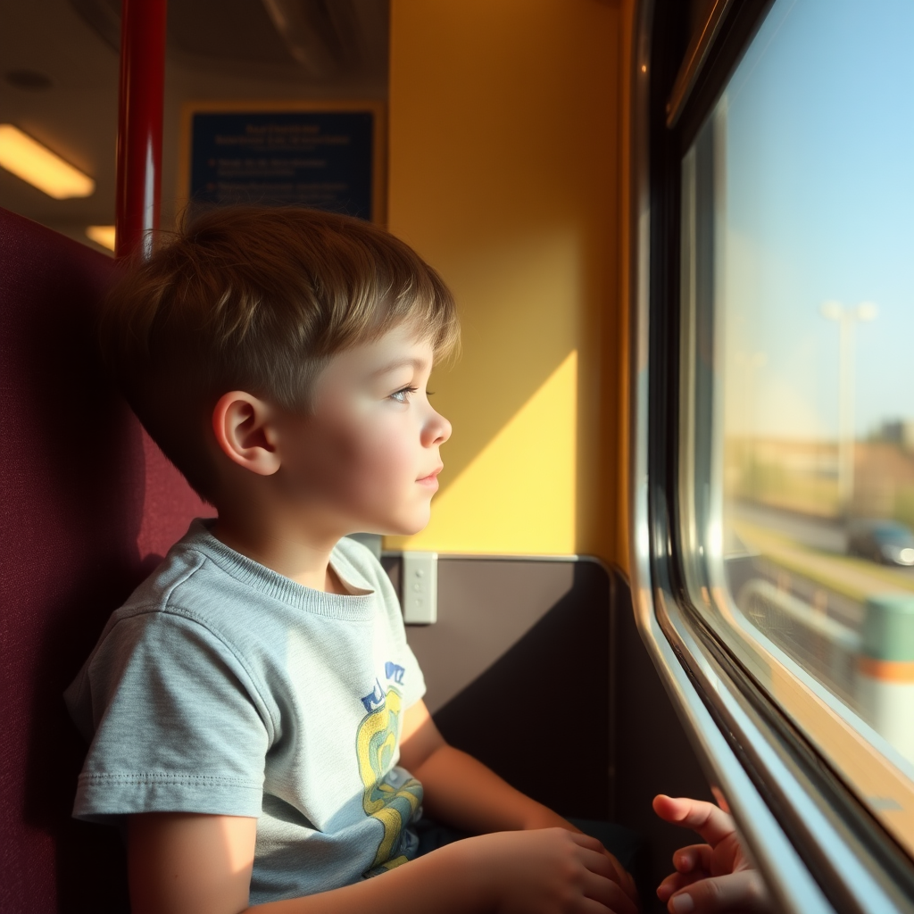 Boy in train looking out window.