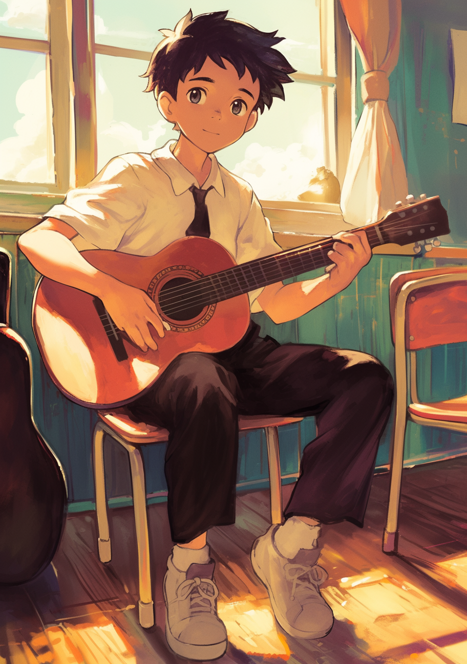 Boy playing guitar in Studio Ghibli anime style.