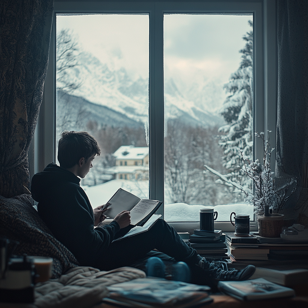 Boy studying in room with big window, drinking coffee.