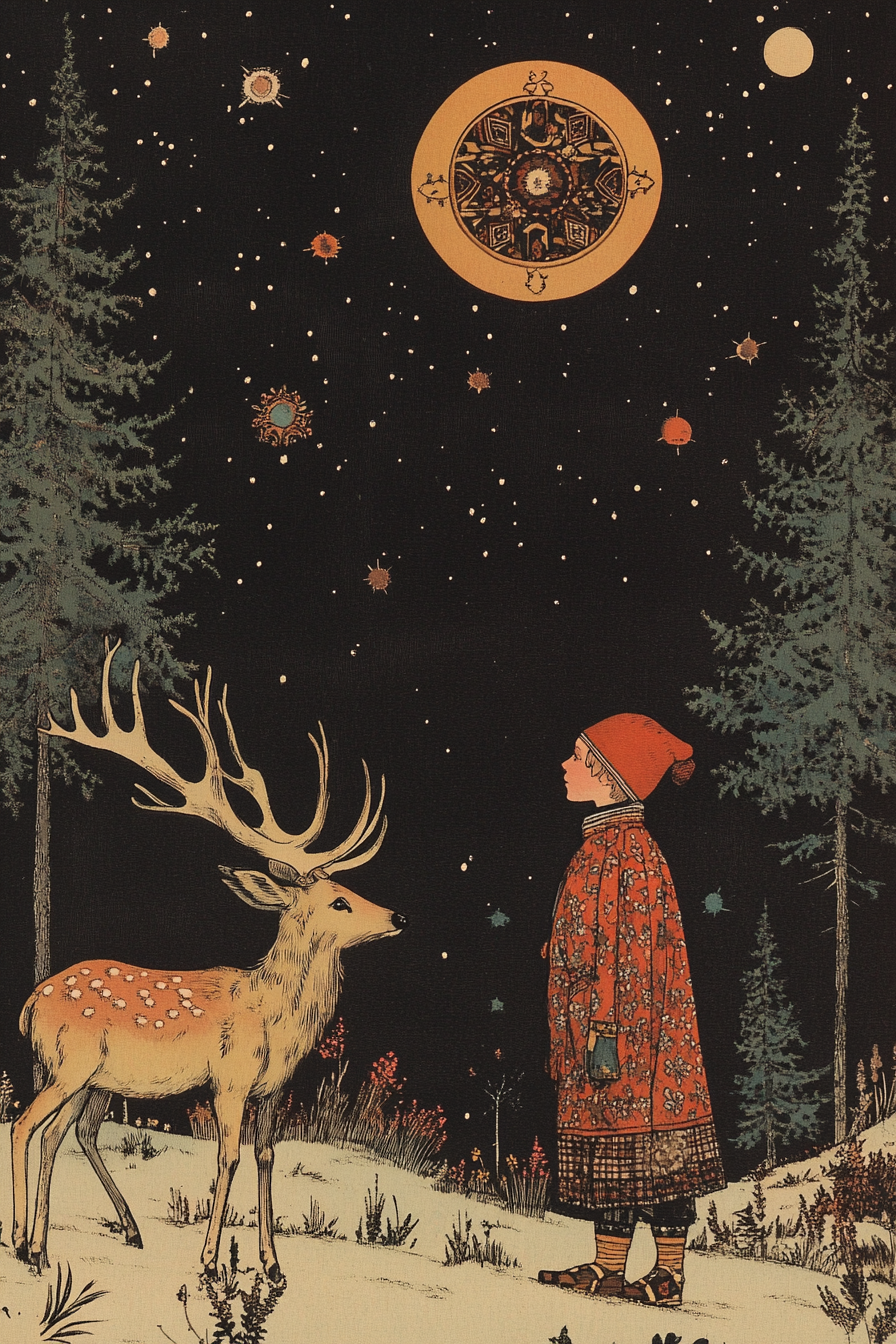 Boy with Deer on Night Sky Background, Slavic Folk Art