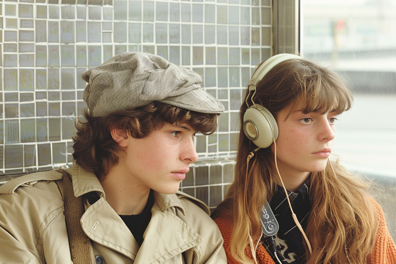 Boy with dark curly hair in cap, trenchcoat, looking.