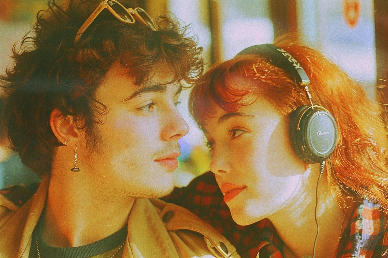 Boy with dark curly hair in trenchcoat looks lovingly at girl with orange hair and black headphones.