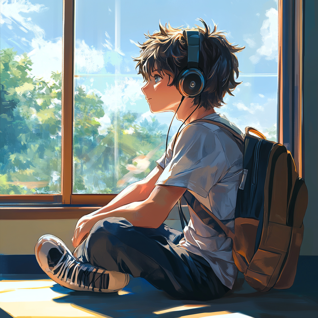 Boy with headphones relaxes by classroom window.