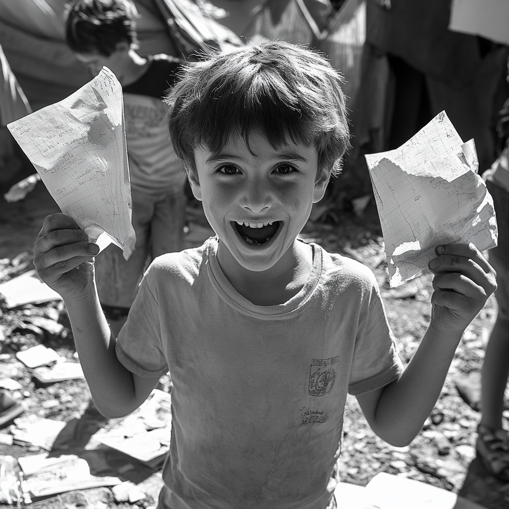 Boy with paper and pen in chaos, smiling face.