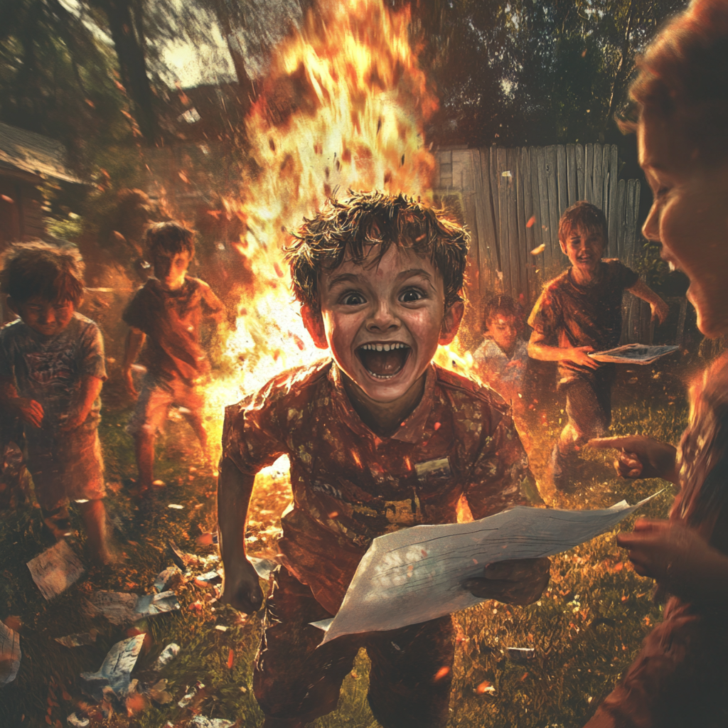 Boy with paper and pen staring, chaotic backyard scene.