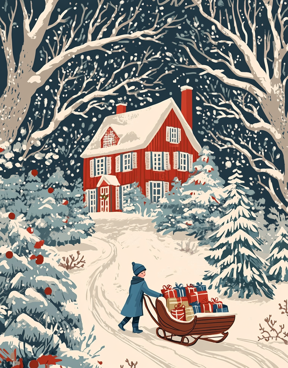 Boy with presents pulls sleigh in snowy scene