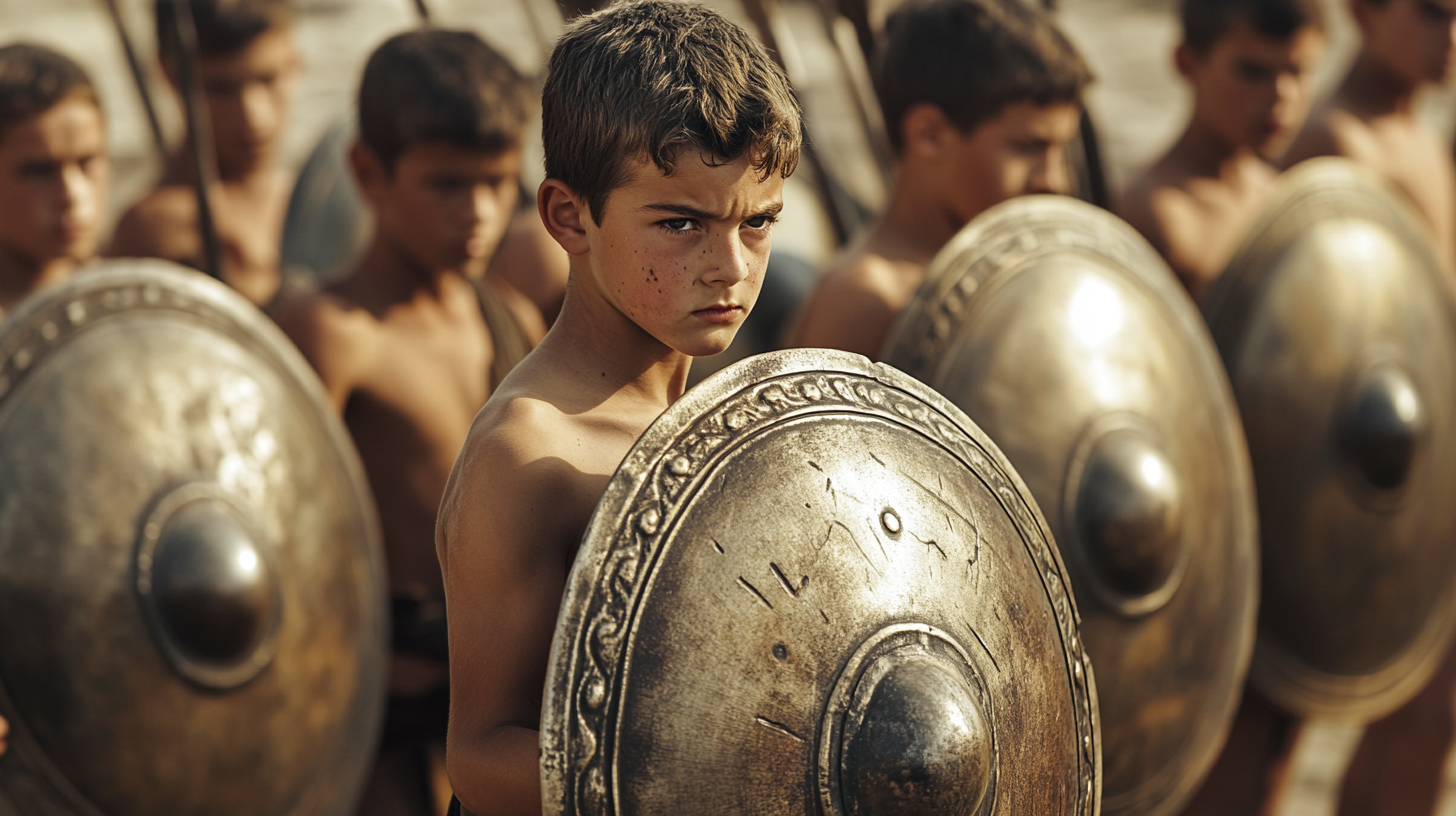 Boys learning defense formations, practicing disciplined hoplite drill together.