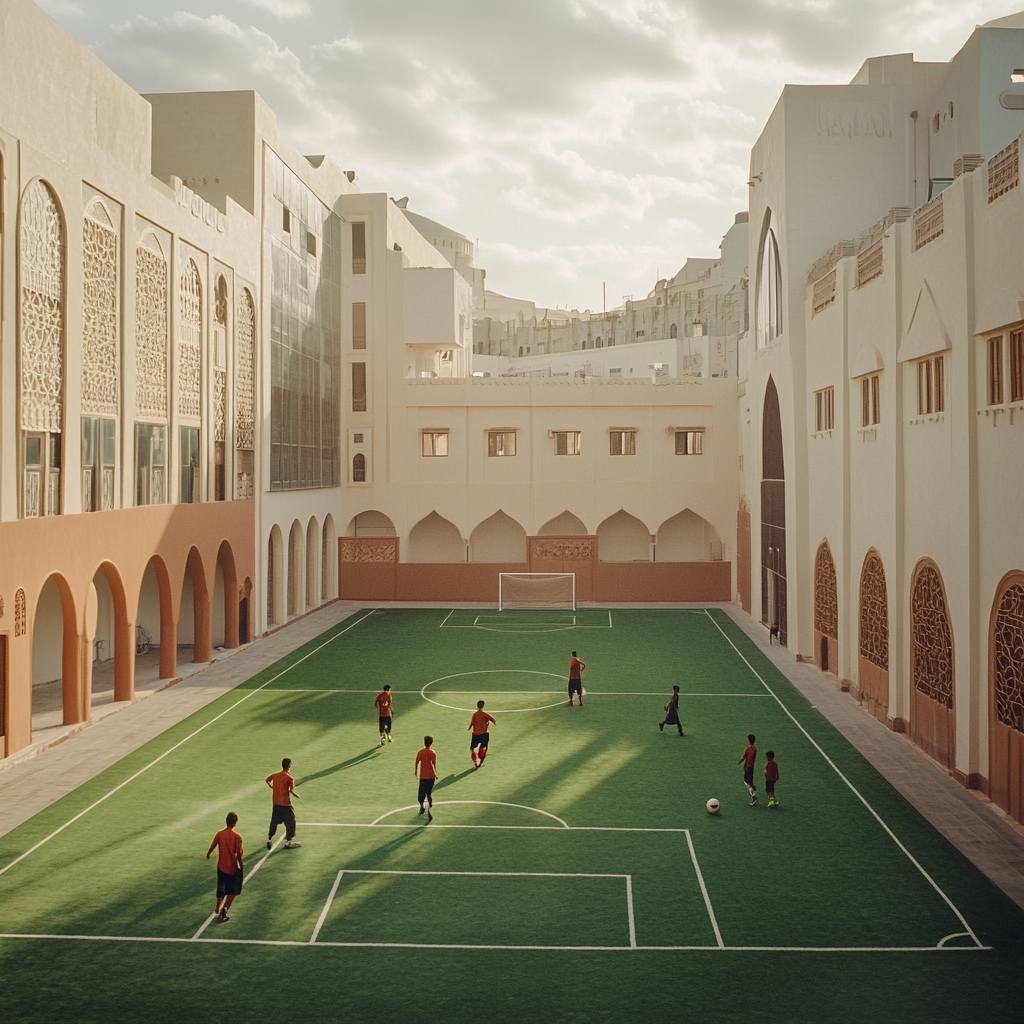 Boys play football in small stadium in Jeddah.