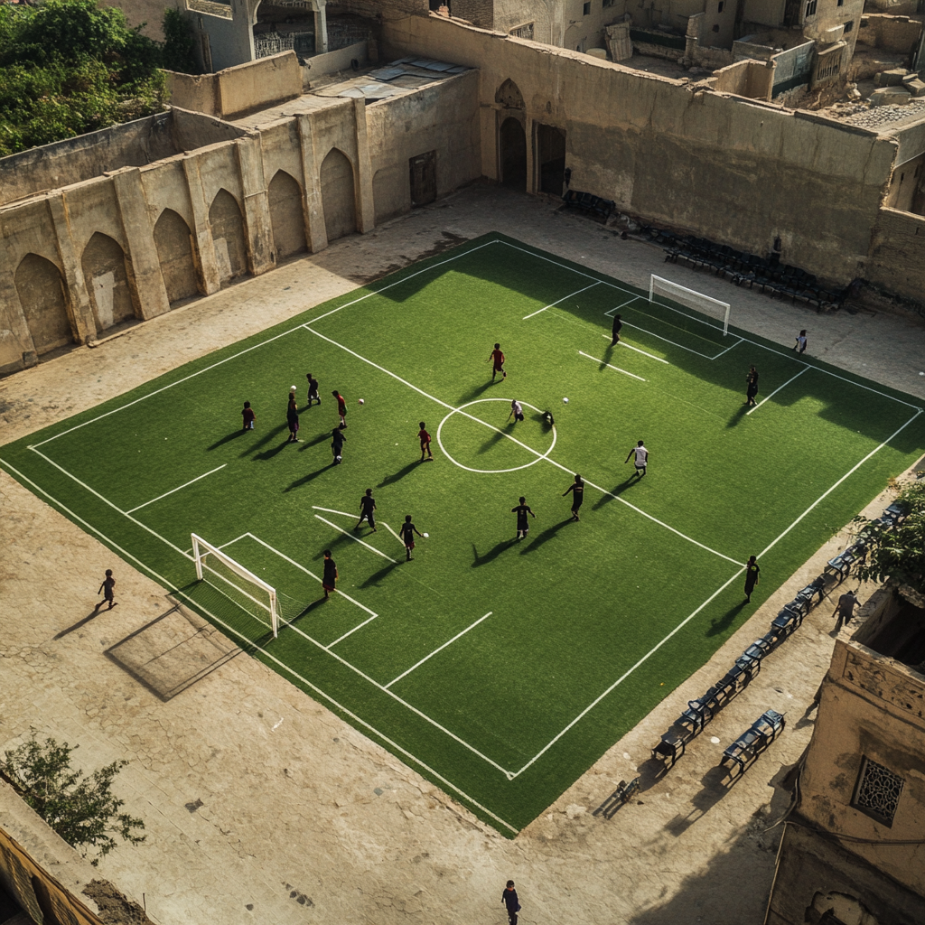 Boys playing football in historic Jeddah stadium. Vivid contrast.