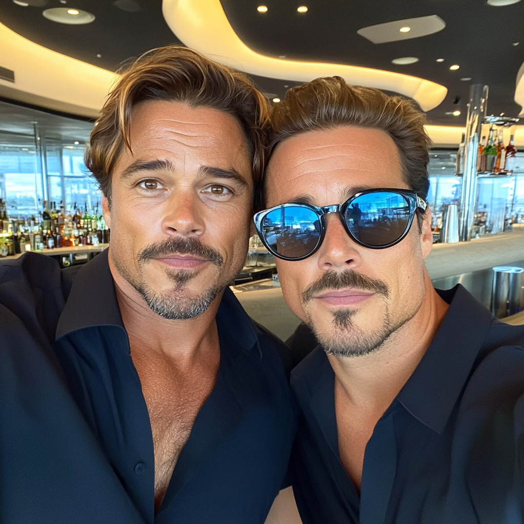 Brad Pitt and another man take selfie at airport.