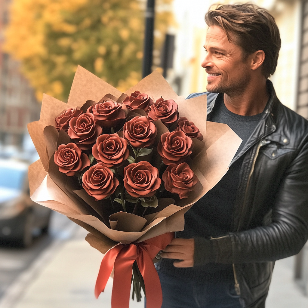 Brad Pitt holding a bouquet of chocolate roses.