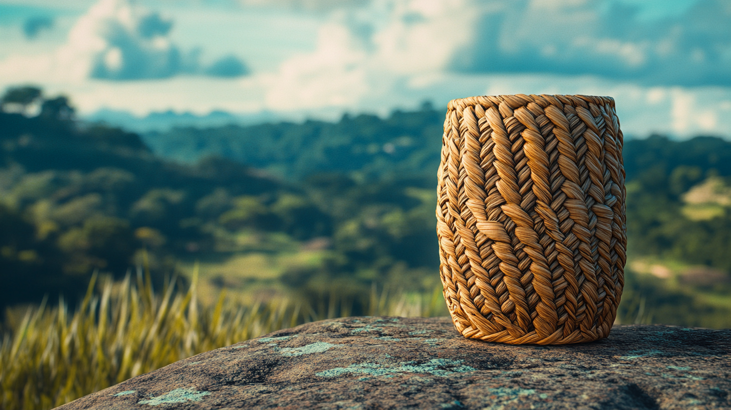 Braided corn husk jar on Brazilian rock with scenery.