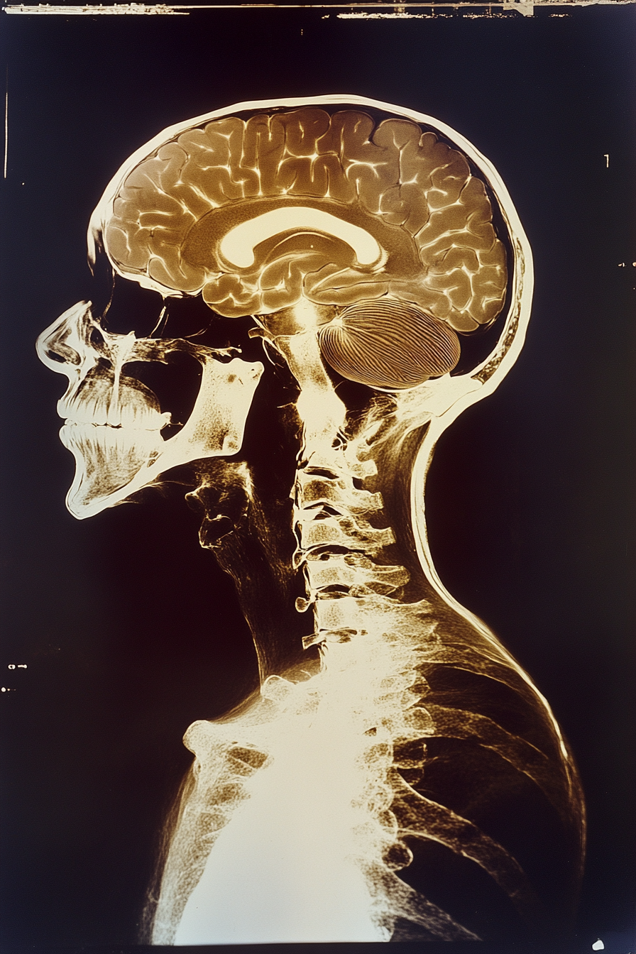 Brain xray with injury on Kodak film. Polaroid scan.