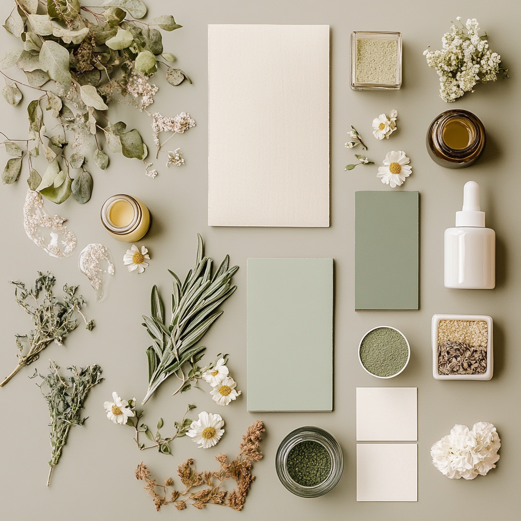 Brand guide for earthy skincare; green, brown, white tones.