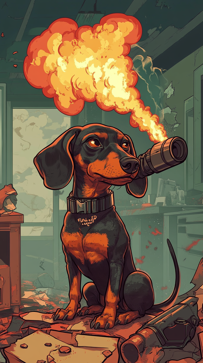 Brave Dachshund with Flamethrower in Destroyed Office