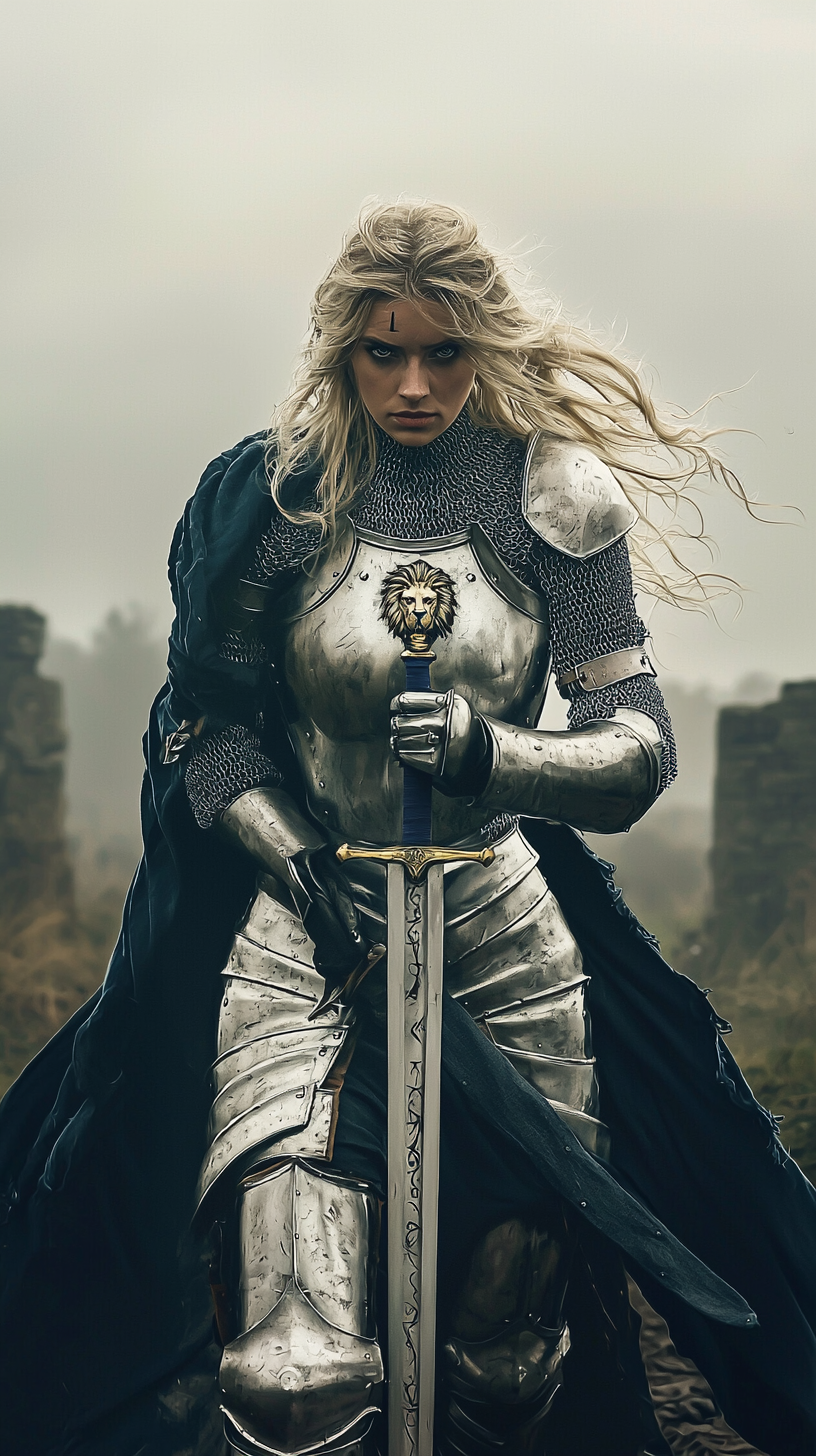 Brave English knightess with lion crest in countryside