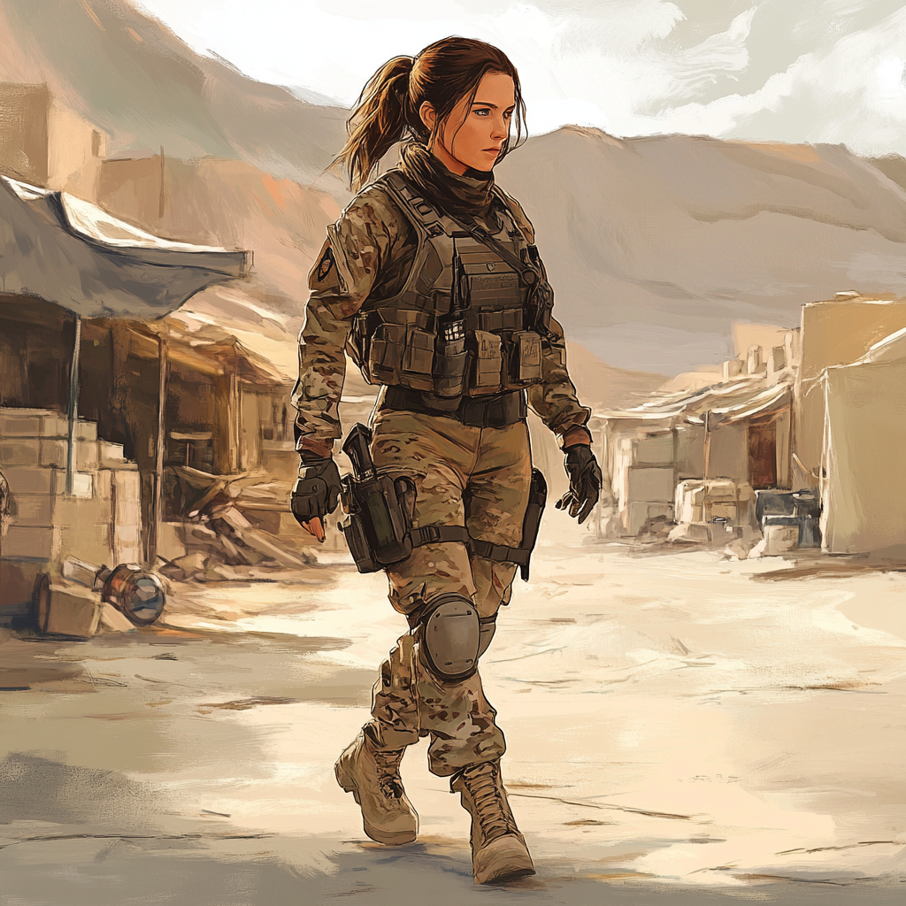 Brave Female Soldier in Urban Desert Market