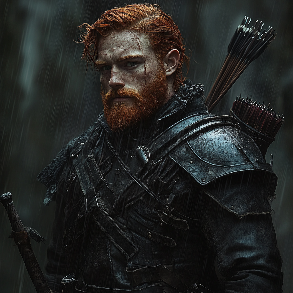 Brave ranger in black armor under dark rain