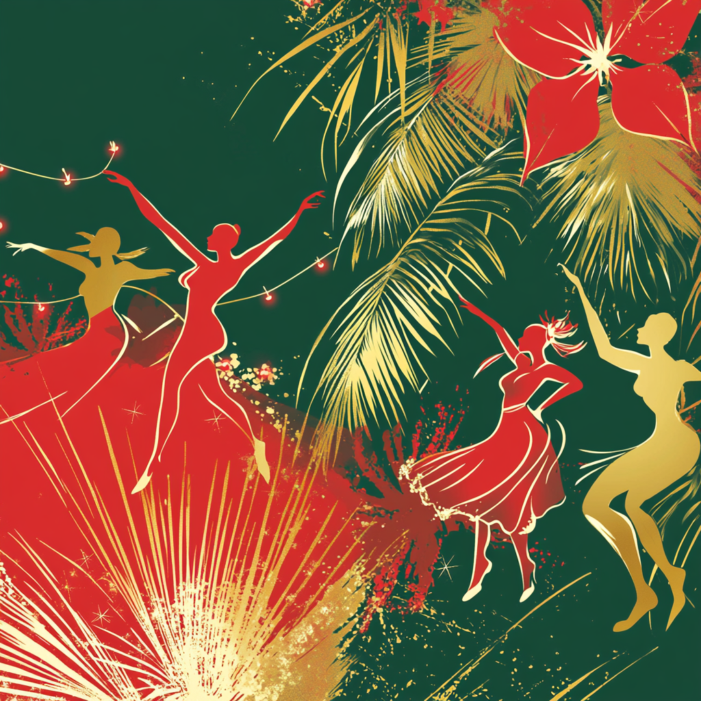 Brazilian Christmas Invitation with Samba Dancers and Tropical Accents.