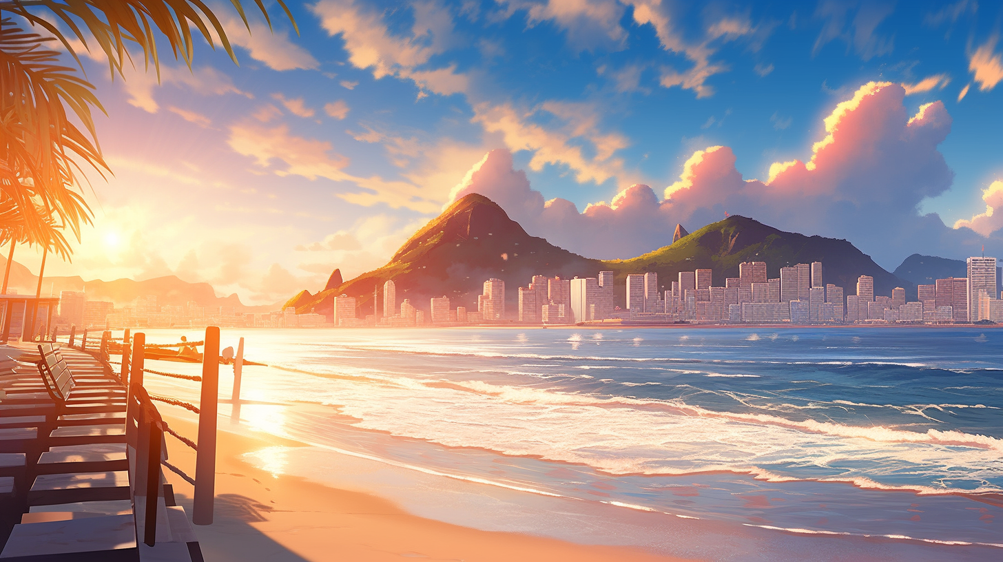 Brazilian Coastal City Rio de Janeiro Beach Sunset Ocean Cinematic Sky Realistic 16:9