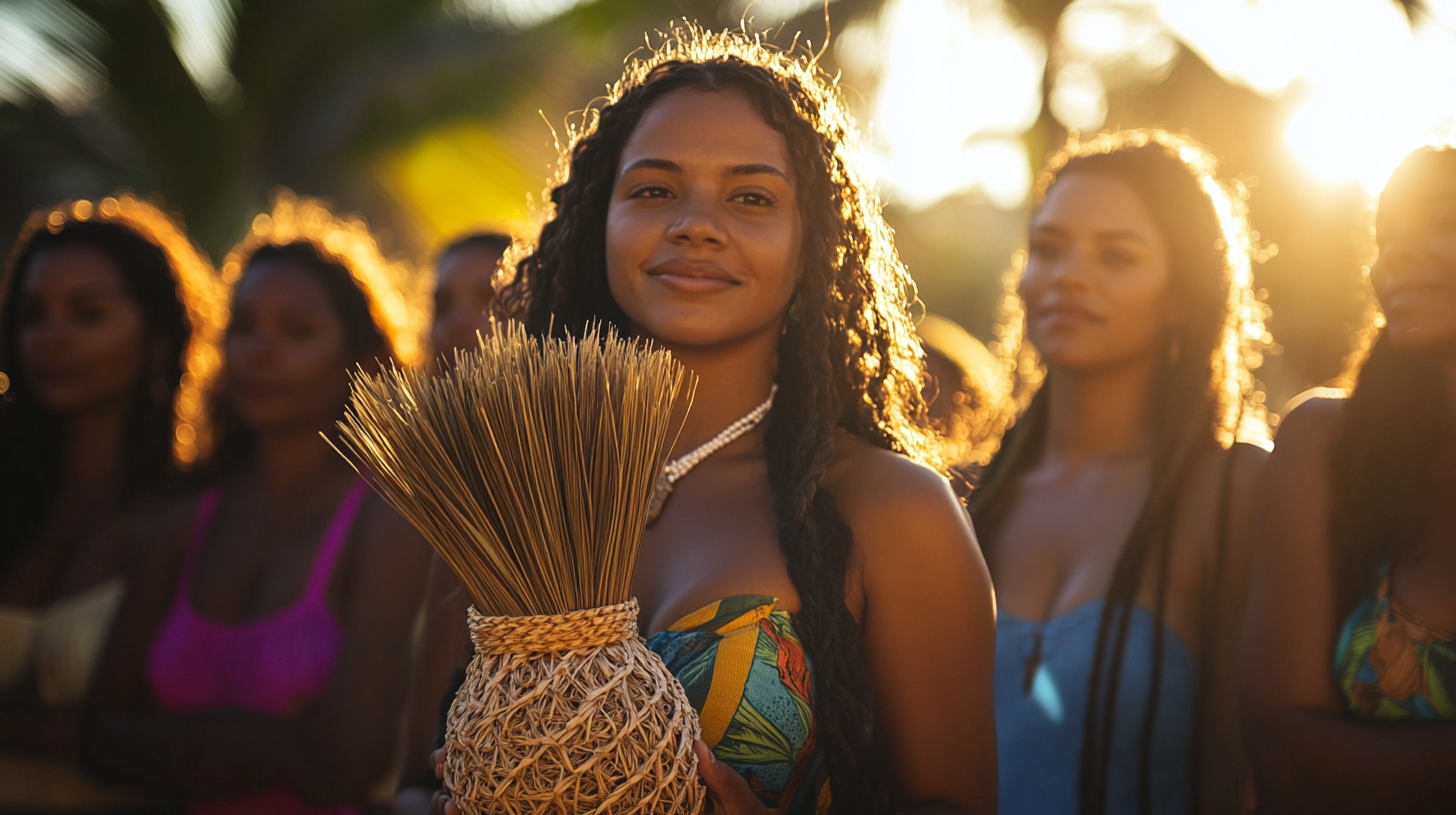 Brazilian Women in Common Clothes with Straw Vase