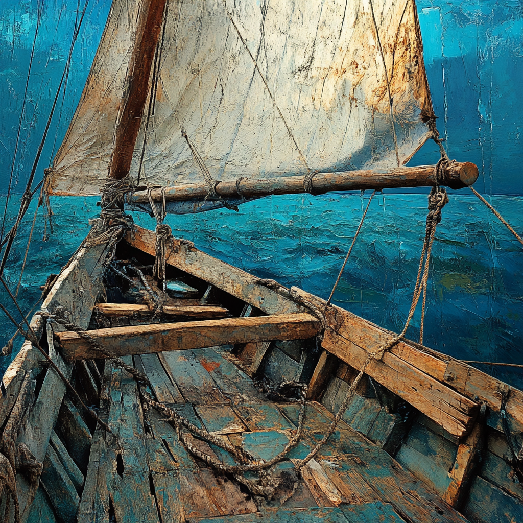 Brazilian jangada boat against abstract, colorful sea and sky.