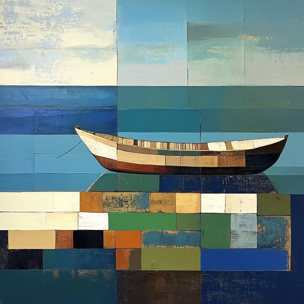 Brazilian jangada boat painting with abstract, expressive brushstrokes.